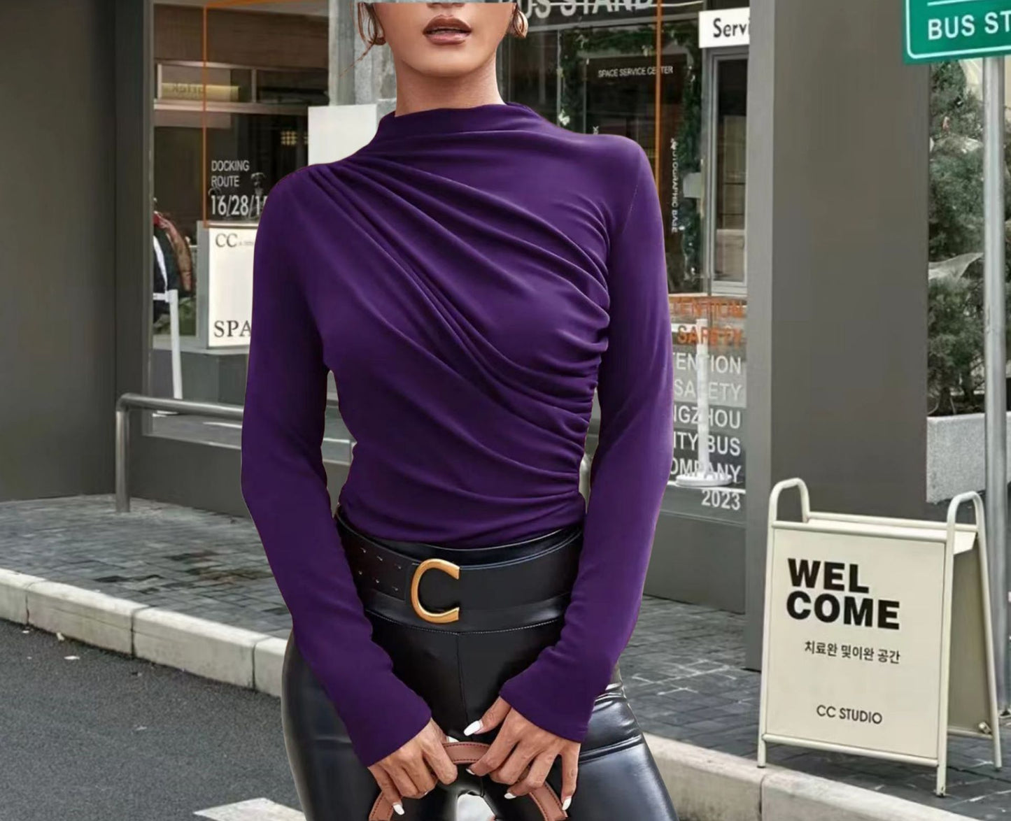 Solid Color Slim Fit Long Sleeves Top