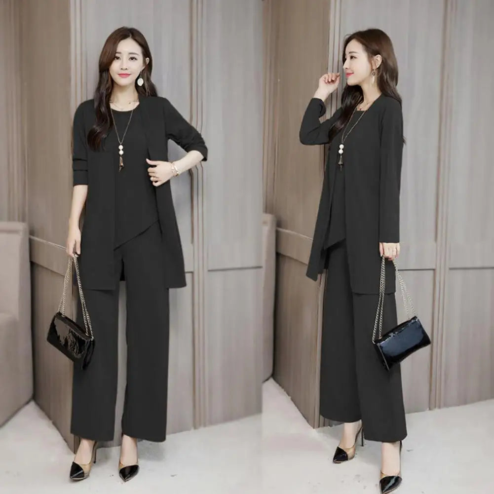 Trendy Irregular Hem Comfortable Vest Top Wide Leg Pants Mid-length Coat Set