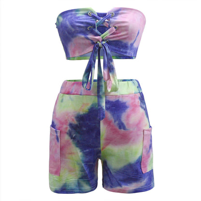 New Tie-dye Printed Lace-up Tube Top Shorts Suit