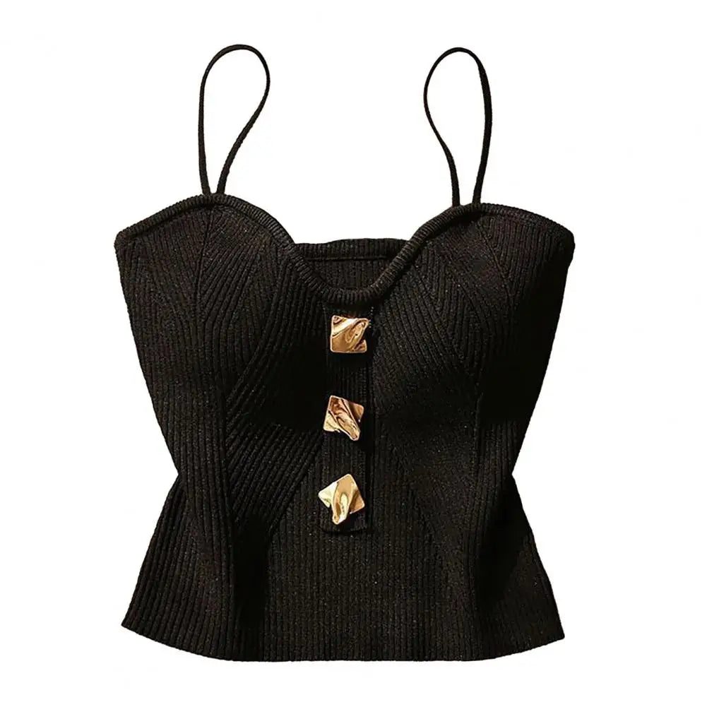 Women Vest Spaghetti Strap Padded Backless Sleeveless Knitted Elastic Solid Color V Neck Button