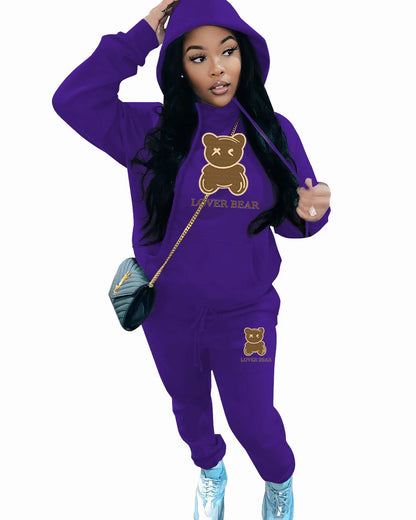 Lovely Bear Letter Print Kangaroo Pocket Tracksuit Set Long Sleeve Hoodie Draw string Trousers Women Two Pieces