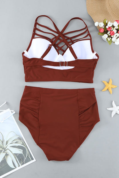 Fiery Red Strappy Neck Detail High Waist Plus Size Swimsuit