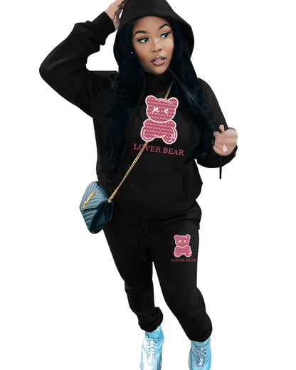 Lovely Bear Letter Print Kangaroo Pocket Tracksuit Set Long Sleeve Hoodie Draw string Trousers Women Two Pieces