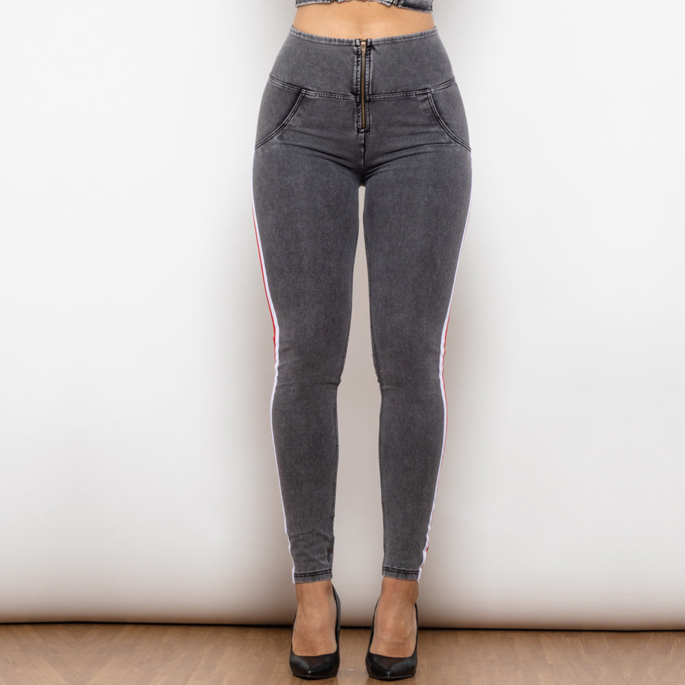 Melody High Waist Dark Thread Grey Jeans With Stripe Jeans Bum Lift Pants Shaping Jeggings Women Pants