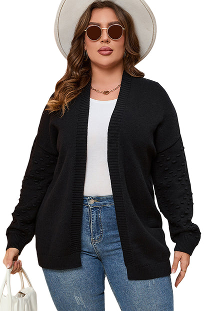 Black Pom Pom Detail Open Front Plus Size Cardigan