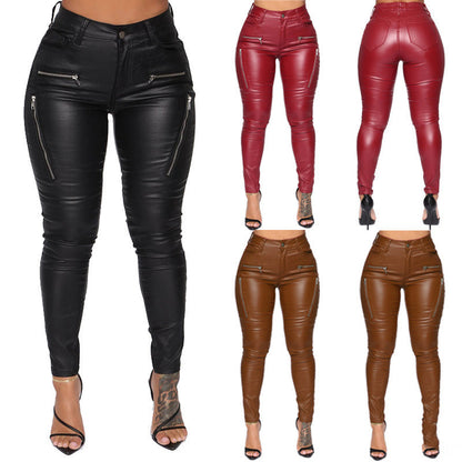 Women's Zippered Mid-rise Leather Pants