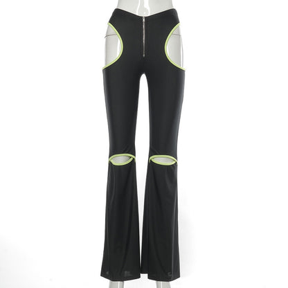 Sexy Hollow Out Flare Pants Street Fashion Female Casual Trousers