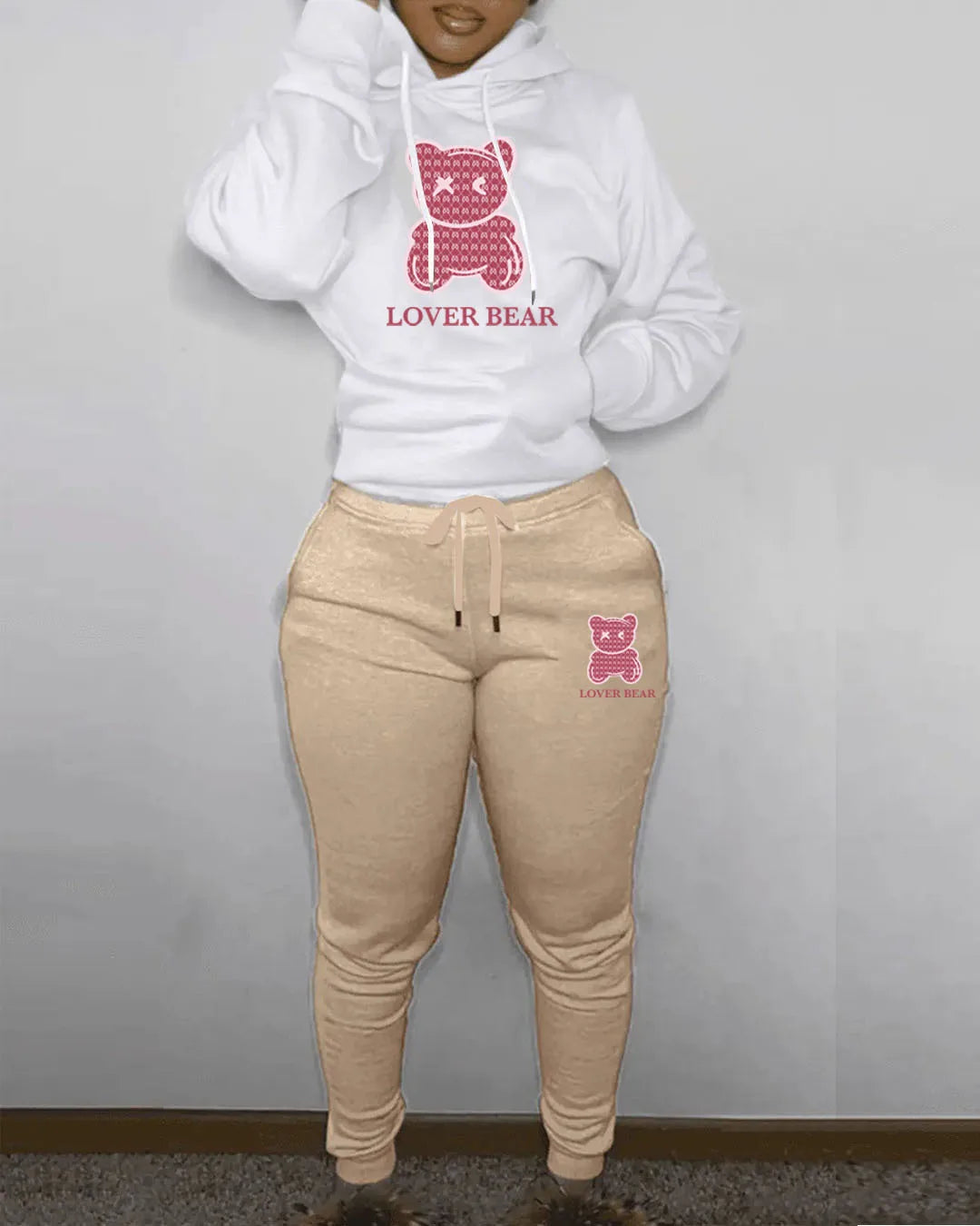 Lovely Bear Letter Print Kangaroo Pocket Tracksuit Set Long Sleeve Hoodie Draw string Trousers Women Two Pieces