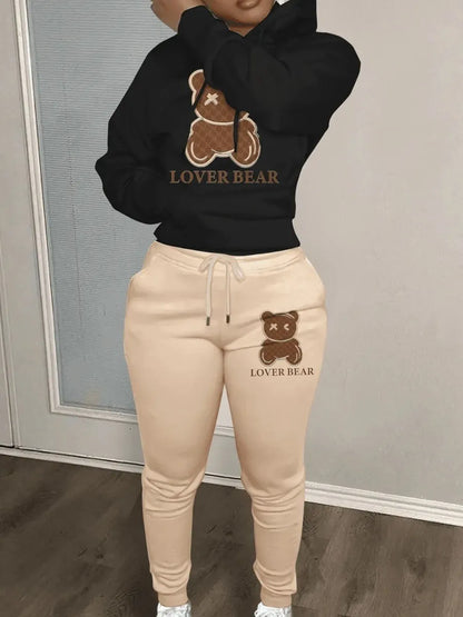 Lovely Bear Letter Print Kangaroo Pocket Tracksuit Set Long Sleeve Hoodie Draw string Trousers Women Two Pieces