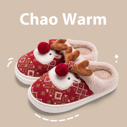 Women's Non-slip Plush Cute Christmas Elk Cotton Slippers