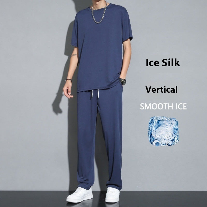 Ice Silk Sports Suit Men's Thin Casual Long Pants Short Sleeve T-shirt