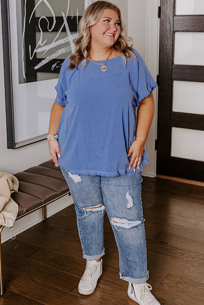 Ashleigh Blue Plus Size Solid Color Short Sleeve Frayed Edge Top