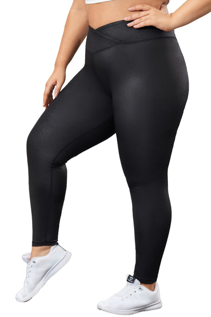 Black Plus Size Crossover Faux Leather Leggings