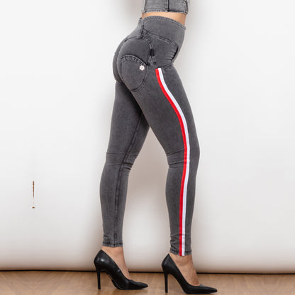 Melody High Waist Dark Thread Grey Jeans With Stripe Jeans Bum Lift Pants Shaping Jeggings Women Pants