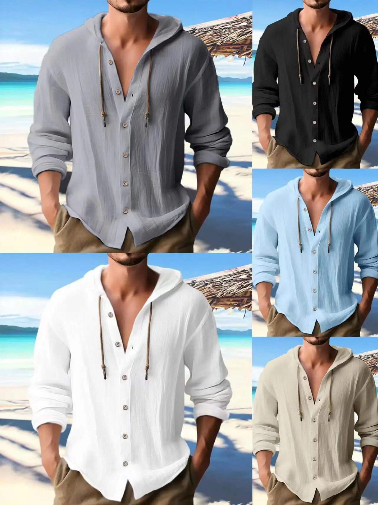 Men's Linen Shirt Solid Streetwear Long Sleeve Hoodie Cardigan Clothing For Men