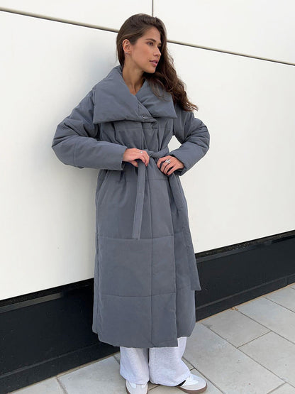 Fashion Large Lapel Long Coat Winter Warm Cotton Jacket With Pockets And Lace-up Design Casual Solid Color Thick Coat For Women Outwear Clothing