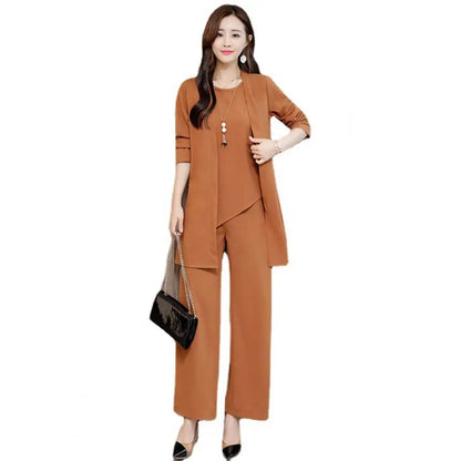 Trendy Irregular Hem Comfortable Vest Top Wide Leg Pants Mid-length Coat Set