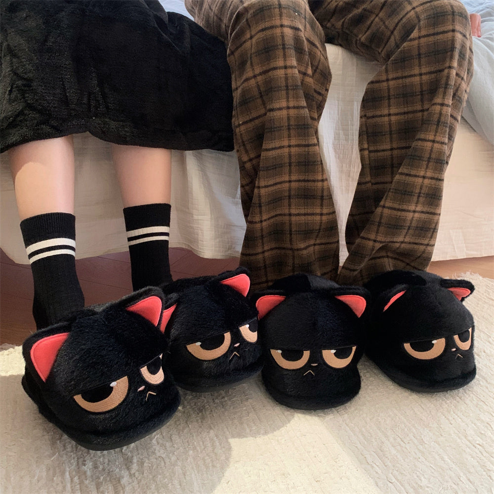 Angry Little Black Cat Cute Anti Slip Warm Furry Home Shoes