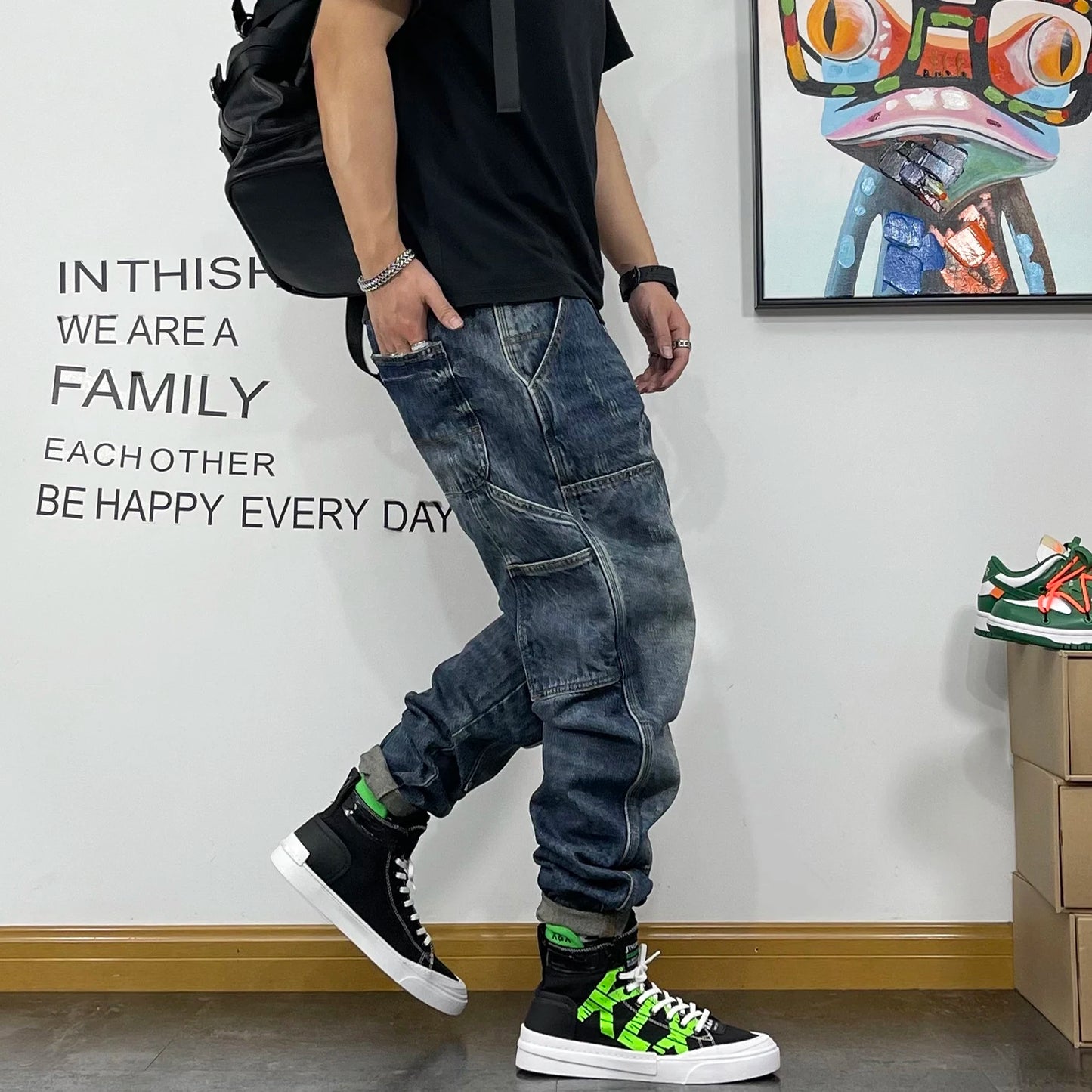 American Fashion Hip Hop Cargo Jeans Streetwear Skateboard Harem Trousers Men