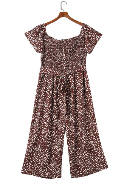 Leopard Off Shoulder Tie Waist Cropped Plus Size Jumpsuit