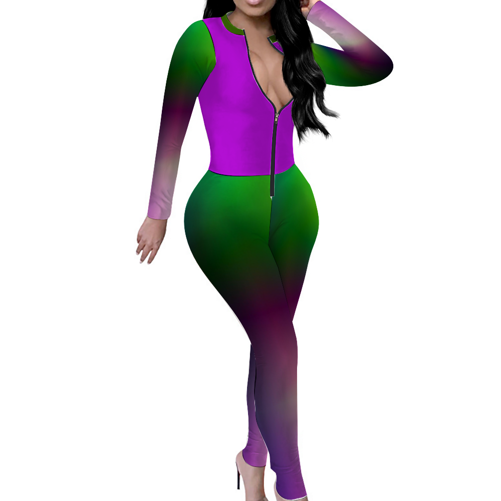 Custom Women's Sexy Front Zip Bodysuit Long Sleeve Jumpsuit