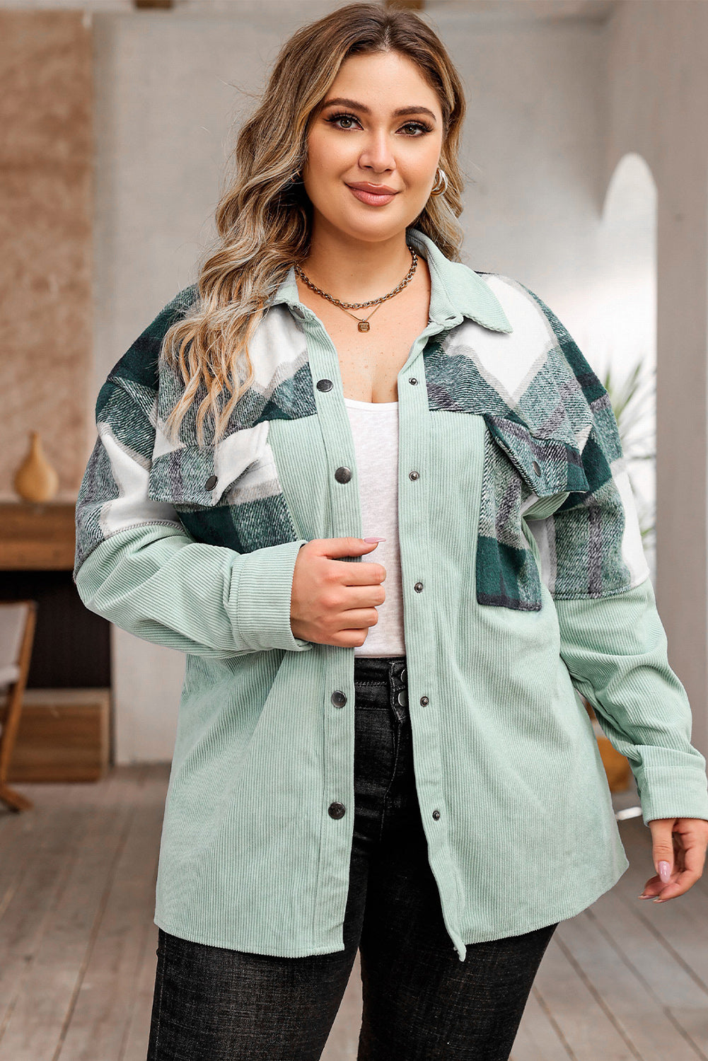 Black Plaid Patchwork Plus Size Corduroy Shacket