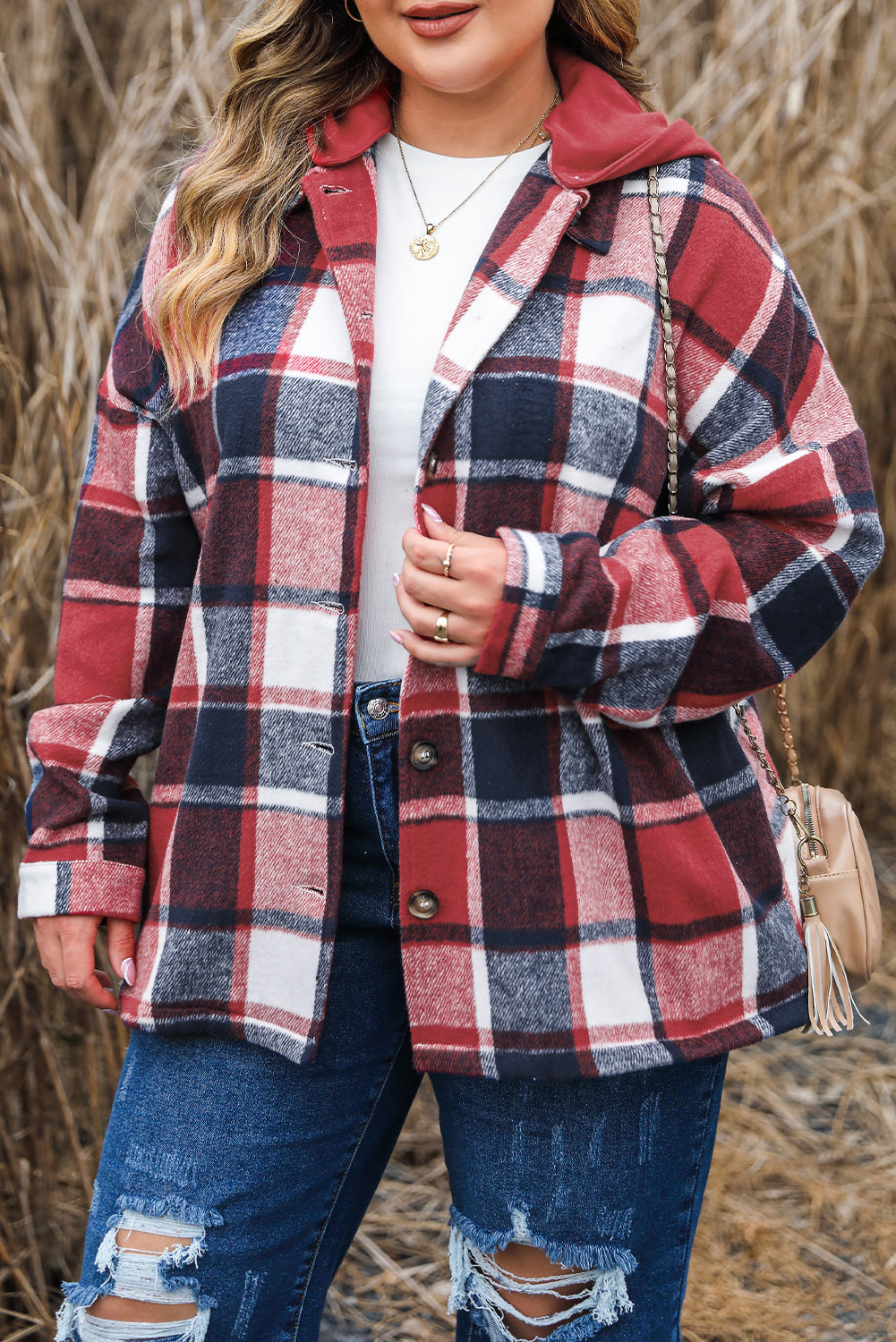 Red Printed Plus Size Plaid Button up Hooded Jacket