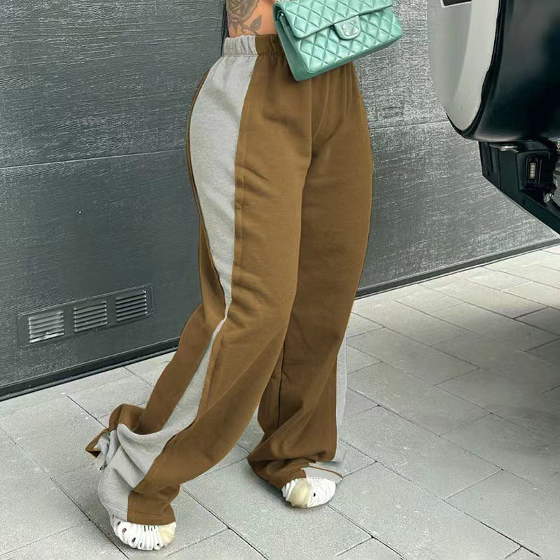 Women's Elastic Waist Color block All-matching Straight Wide Leg Sweatpants