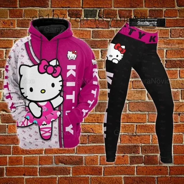 New Hello Kitty Legging Hoodie Set Disney Yoga Pants Sweatpants Women's