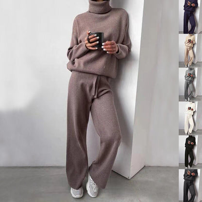 Casual Fashion Suits For Women Turtleneck Sweater And Drawstring Straight Pants