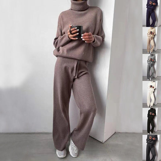 Casual Fashion Suits For Women Turtleneck Sweater And Drawstring Straight Pants