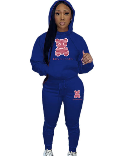 Lovely Bear Letter Print Kangaroo Pocket Tracksuit Set Long Sleeve Hoodie Draw string Trousers Women Two Pieces