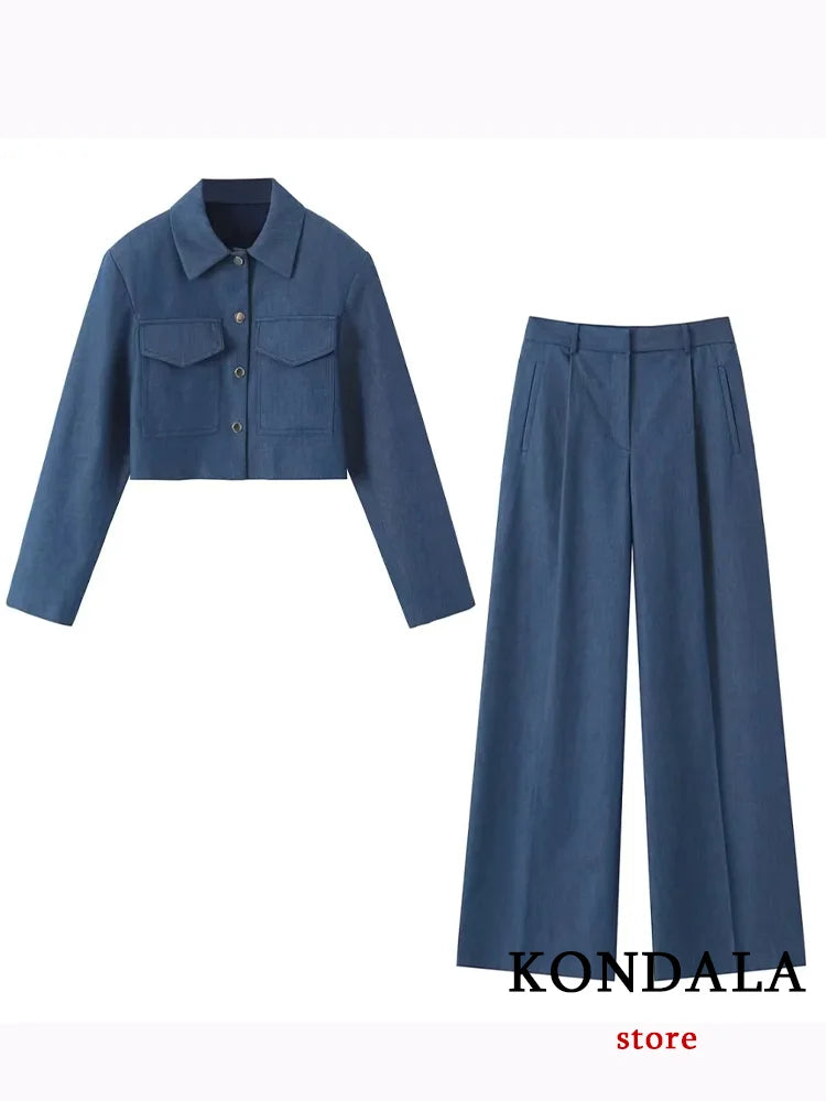 Vintage Solid Women Suit Blue Single Button Pockets Jackets Straight Loose Long Zipper Pants Fashion