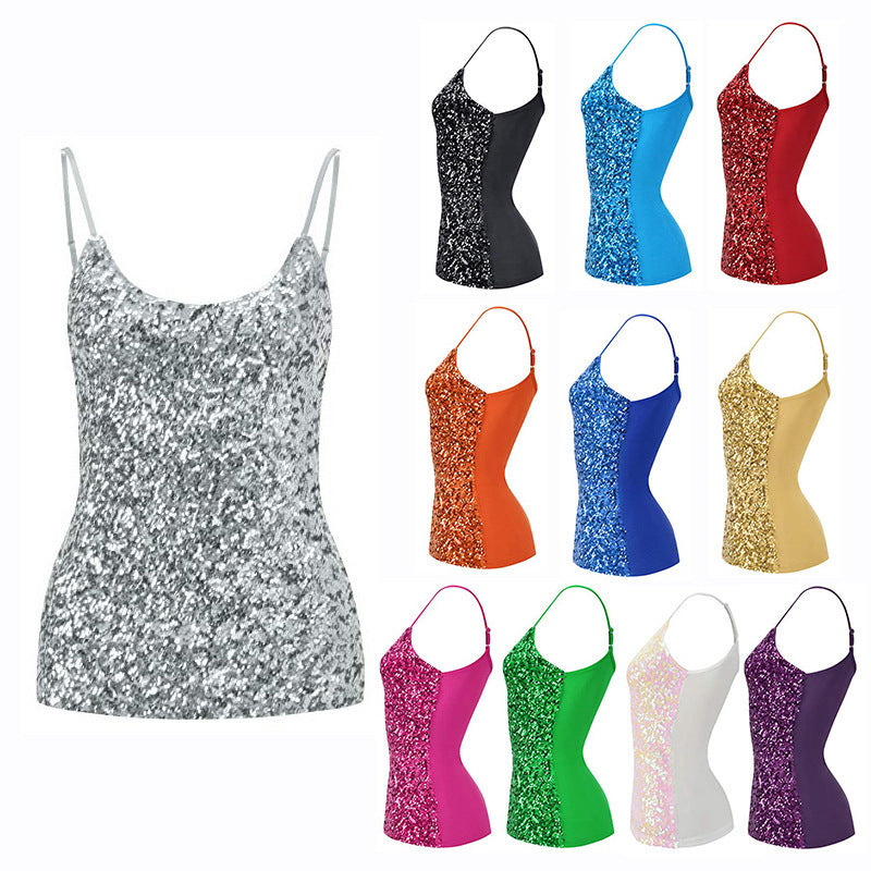 Summer Pure Color Sequins Sleeveless Sexy Round Neck Splicing Sling Vest