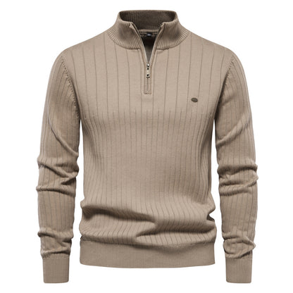 Men's Stand Collar Sweater Fashion Half-zipper Solid Color Striped Knit Sweater High Quality Slim Fit Top Clothing