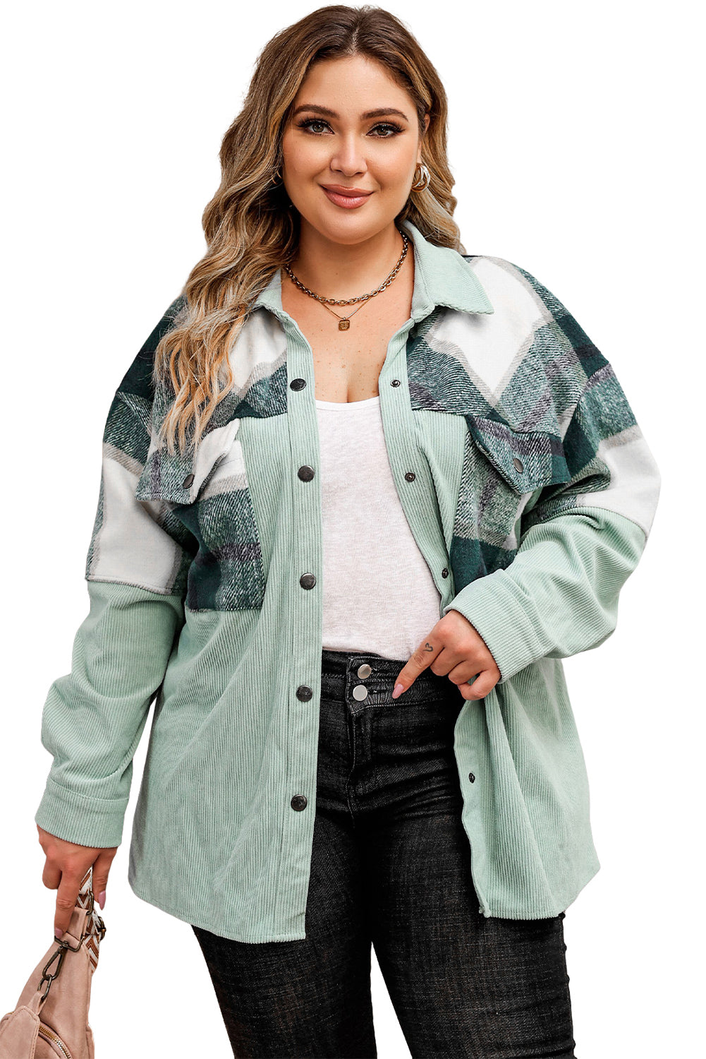 Black Plaid Patchwork Plus Size Corduroy Shacket