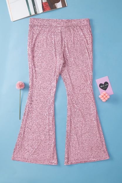 Pink Shiny Sequin Plus Size Flowy Flare Pants