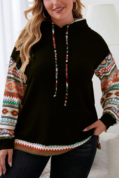 Black Aztec Patchwork Sleeve Waffle Drawstring Plus Hoodie