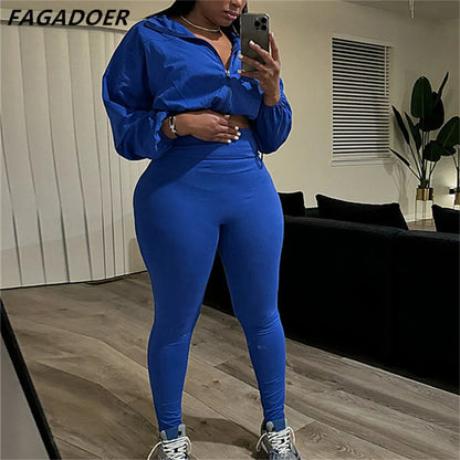 Fashion Solid Color Drawstring Skinny Pants Two Piece Sets Women Zipper Long Sleeve Crop Top + Pants Outfits Streetwear