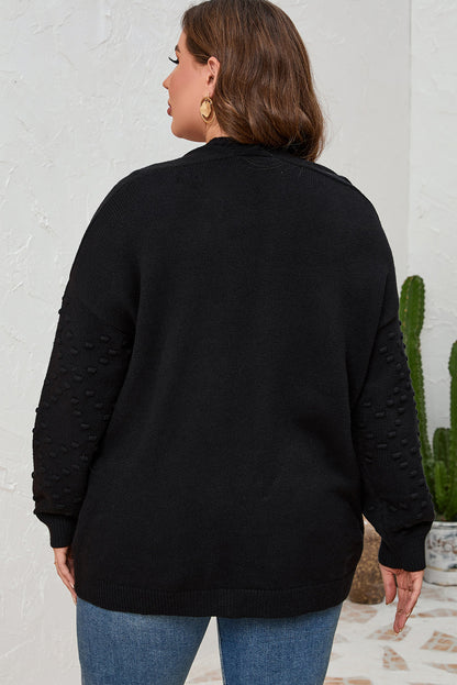 Black Pom Pom Detail Open Front Plus Size Cardigan