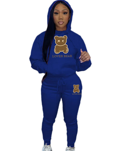 Lovely Bear Letter Print Kangaroo Pocket Tracksuit Set Long Sleeve Hoodie Draw string Trousers Women Two Pieces