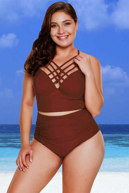 Fiery Red Strappy Neck Detail High Waist Plus Size Swimsuit