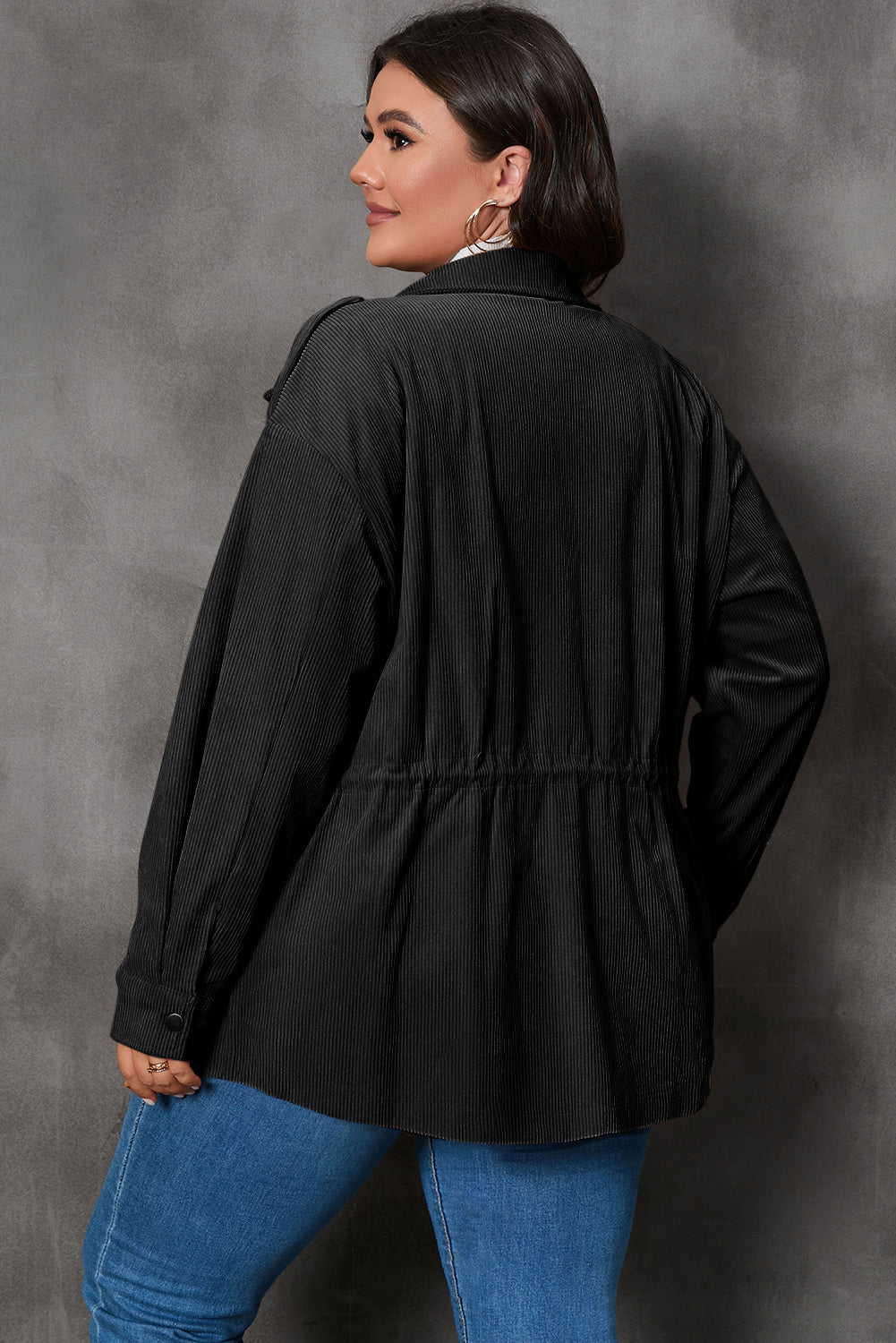 Black Plus Size Button Zipped Corduroy Jacket