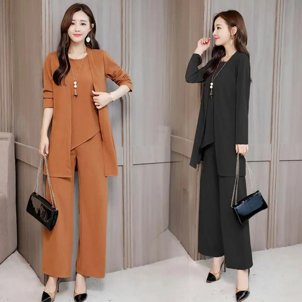 Trendy Irregular Hem Comfortable Vest Top Wide Leg Pants Mid-length Coat Set