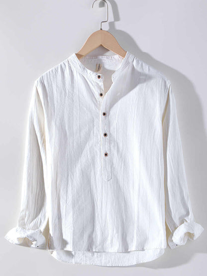 Linen Shirt Long Sleeved Stand Up Collar Retro Top Jacket