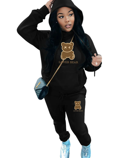 Lovely Bear Letter Print Kangaroo Pocket Tracksuit Set Long Sleeve Hoodie Draw string Trousers Women Two Pieces