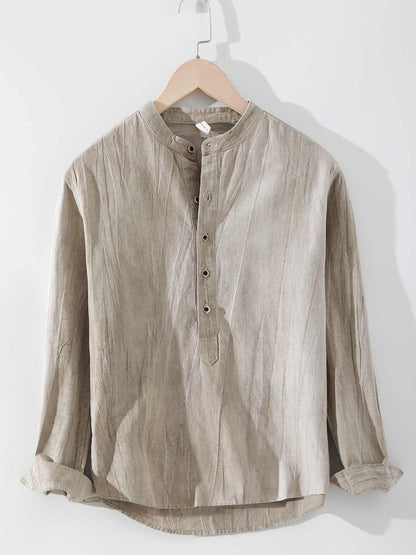 Linen Shirt Long Sleeved Stand Up Collar Retro Top Jacket