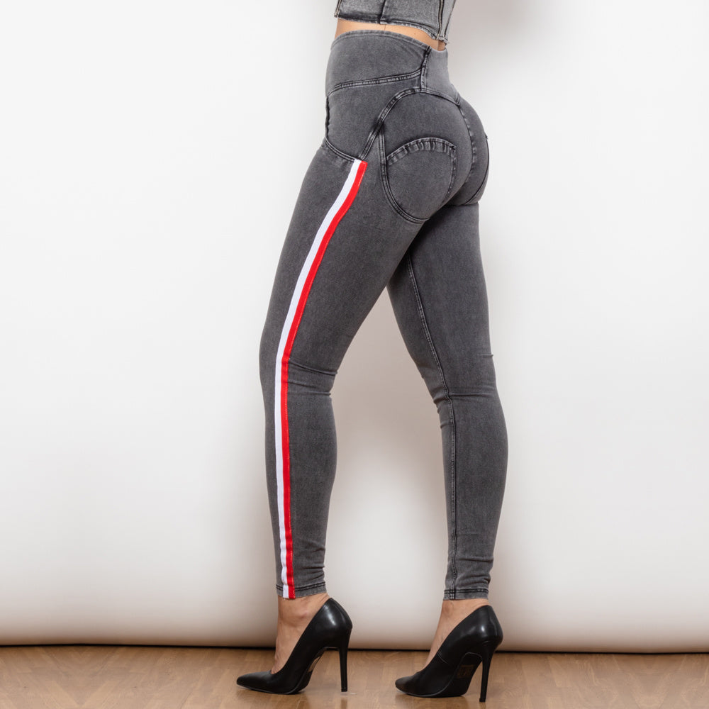 Melody High Waist Dark Thread Grey Jeans With Stripe Jeans Bum Lift Pants Shaping Jeggings Women Pants