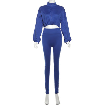 Fashion Solid Color Drawstring Skinny Pants Two Piece Sets Women Zipper Long Sleeve Crop Top + Pants Outfits Streetwear