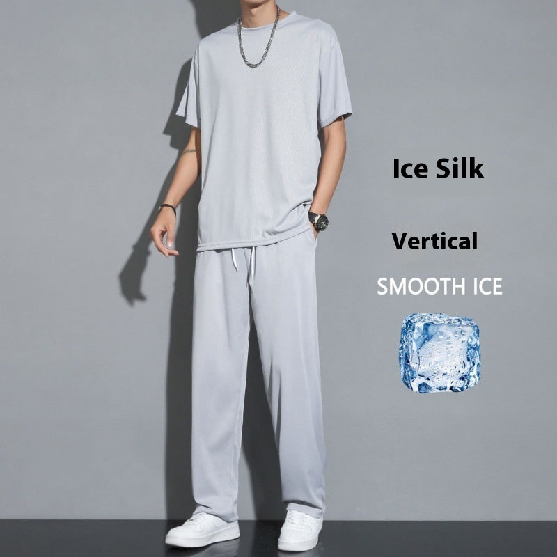 Ice Silk Sports Suit Men's Thin Casual Long Pants Short Sleeve T-shirt